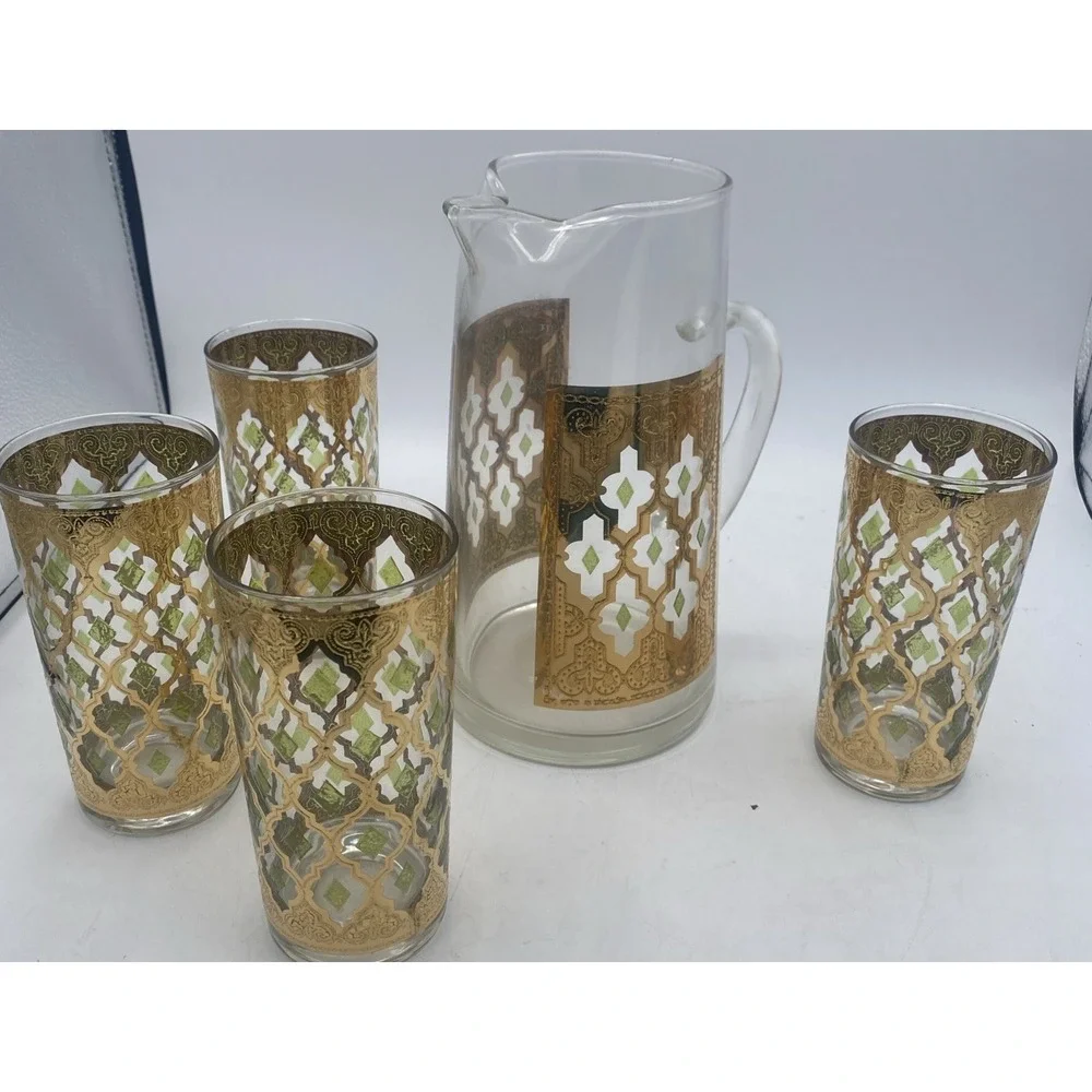 VTG MCM Culver Valencia  22k Gold Tumblers 5 Pc Glasses & Pitcher Barware Set